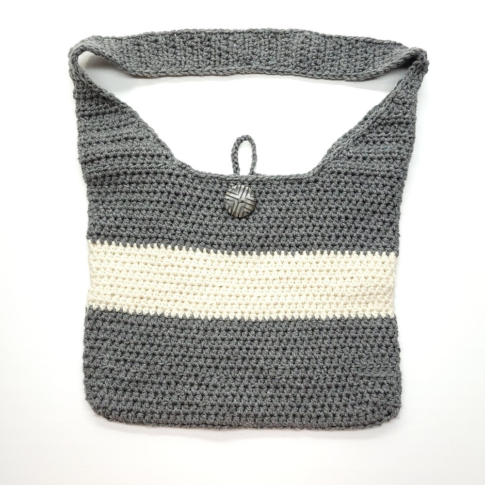 Handmade Crochet Purse Gray Ivory Button Closure Hippie‎ Boho Tote